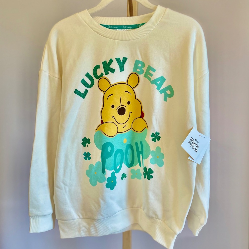Disney Winnie the Pooh Lucky Bear St‎ Patricks Day Sweatshirt Cream NWT Size XS